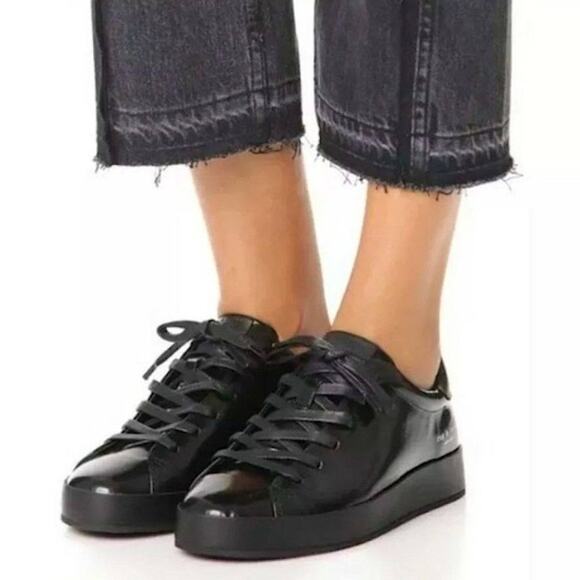 Rag & Bone Rb1 Low Top Liquid Shine Leather Black Sneakers - Picture 1 of 13